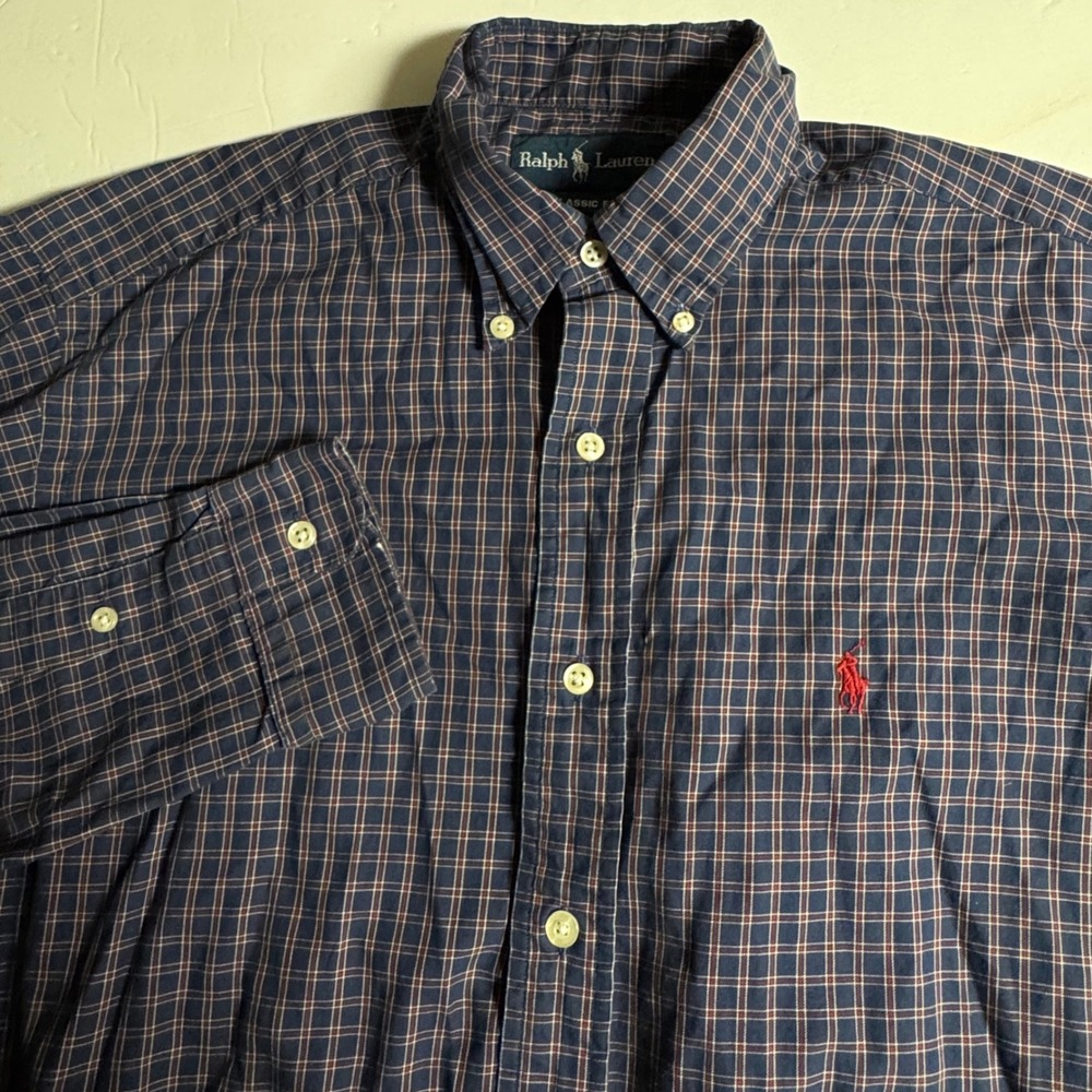 Ralph Lauren Classic Fit Mens Medium Navy Red Plaid Button Down Shirt
